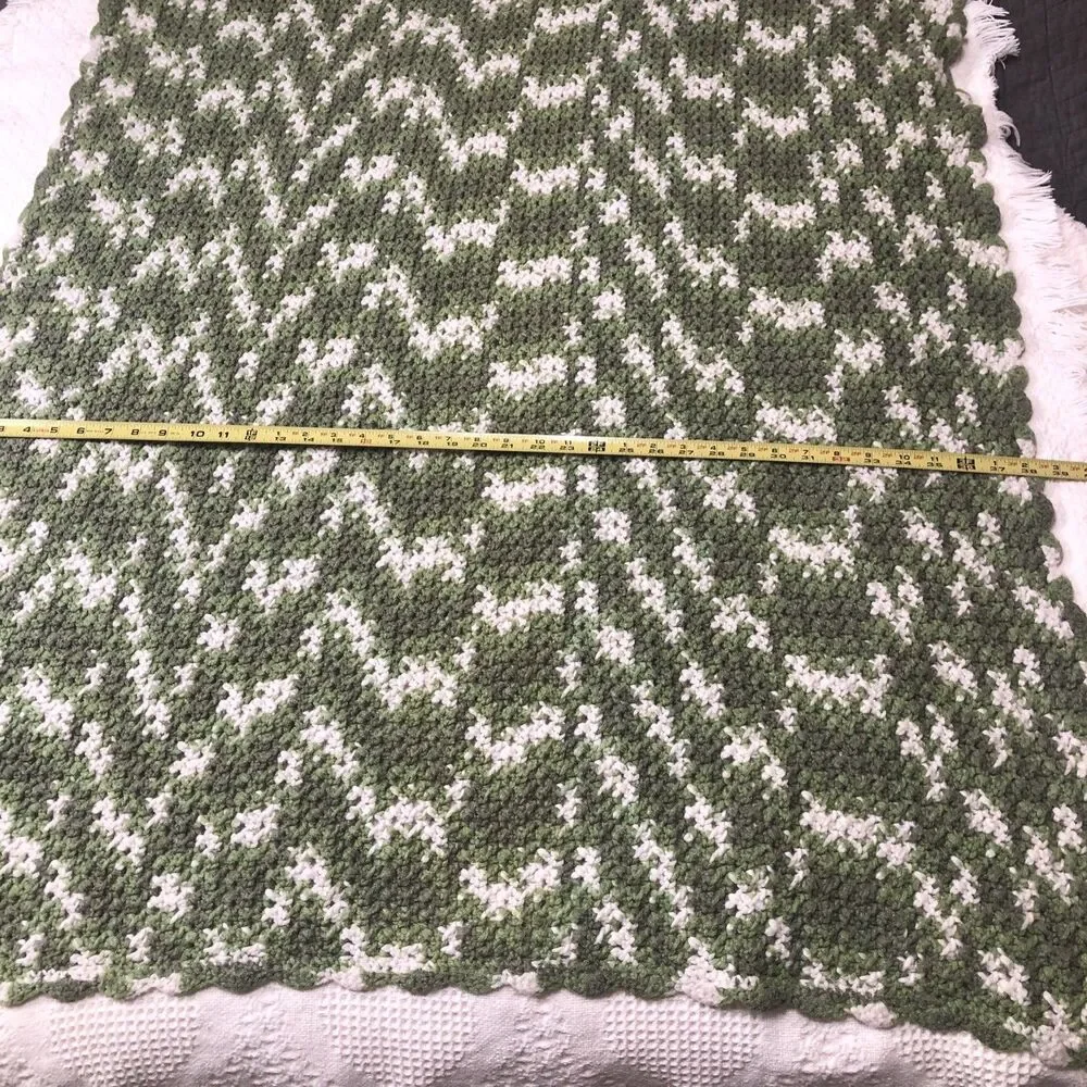 Homemade Green, Light Green, White Afghan Throw Camo 48” X 38” Scalloped Edge